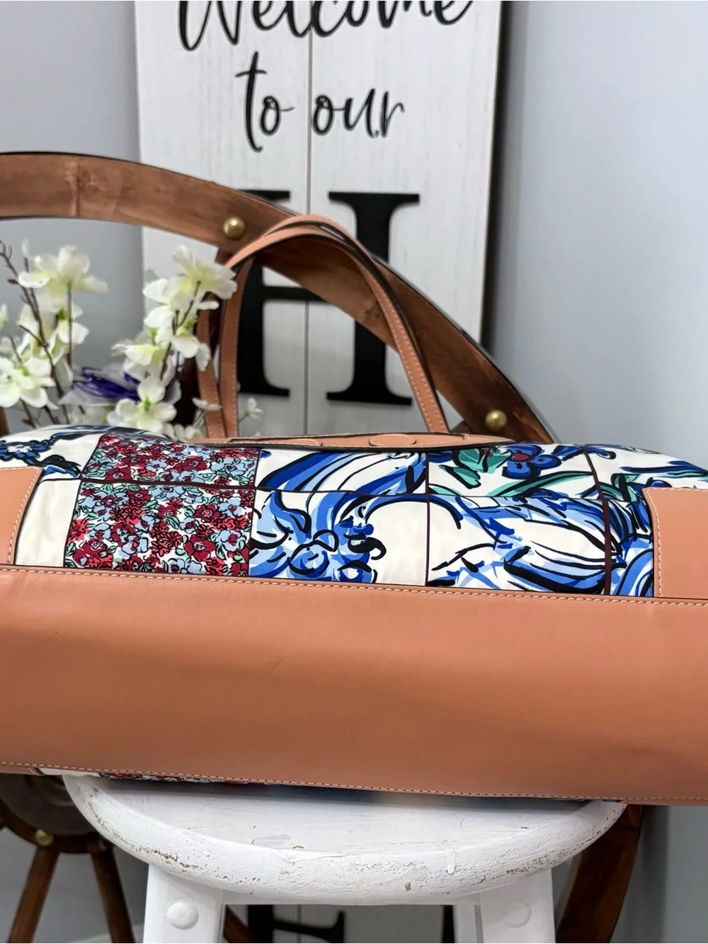 TORY BURCH Retired Blue Floral Patchwork Ella Tote with Tan Leather Details
